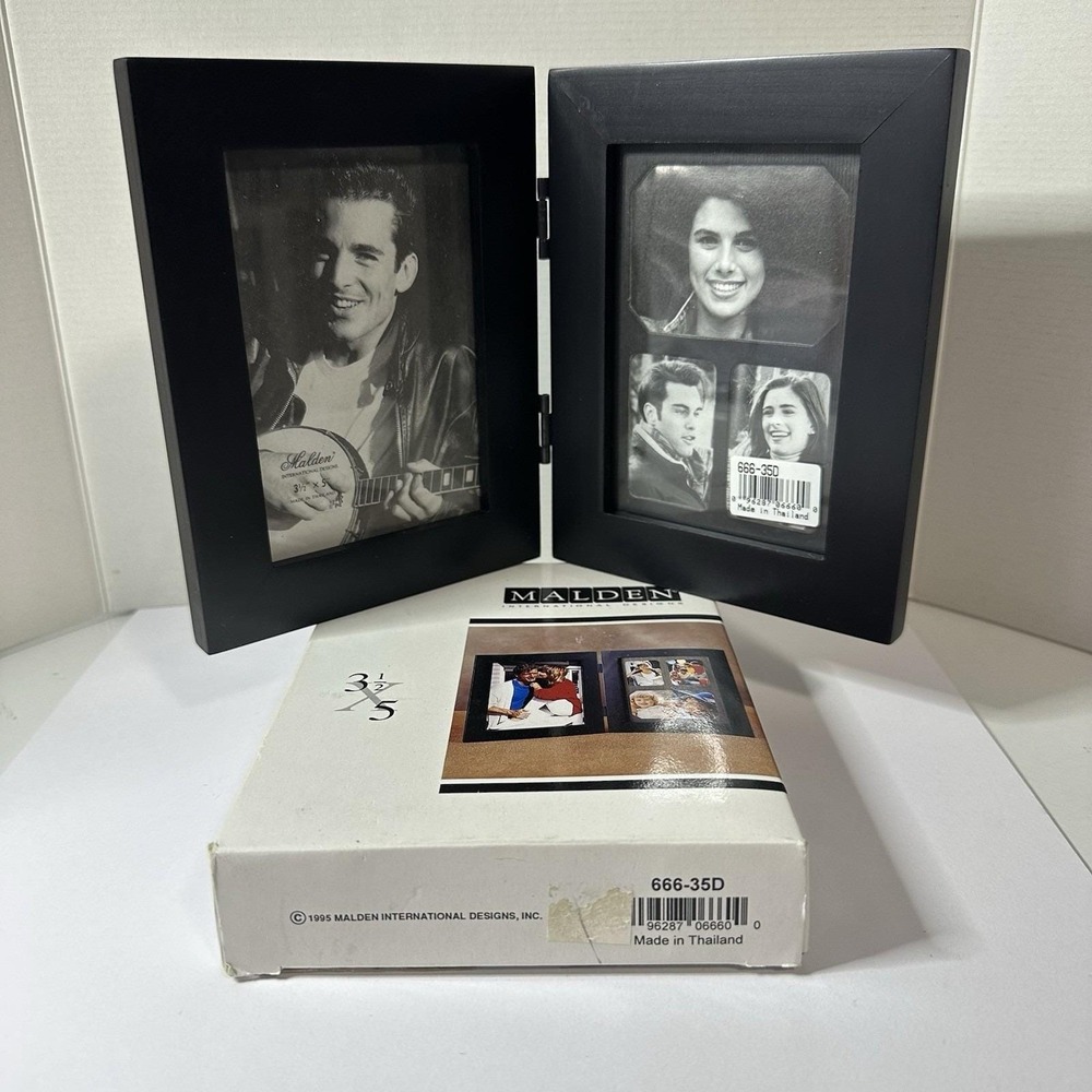 Malden Hinged Dual Picture Frame 3.5x5 Black Solid Wood Folding Collage Mat 1995